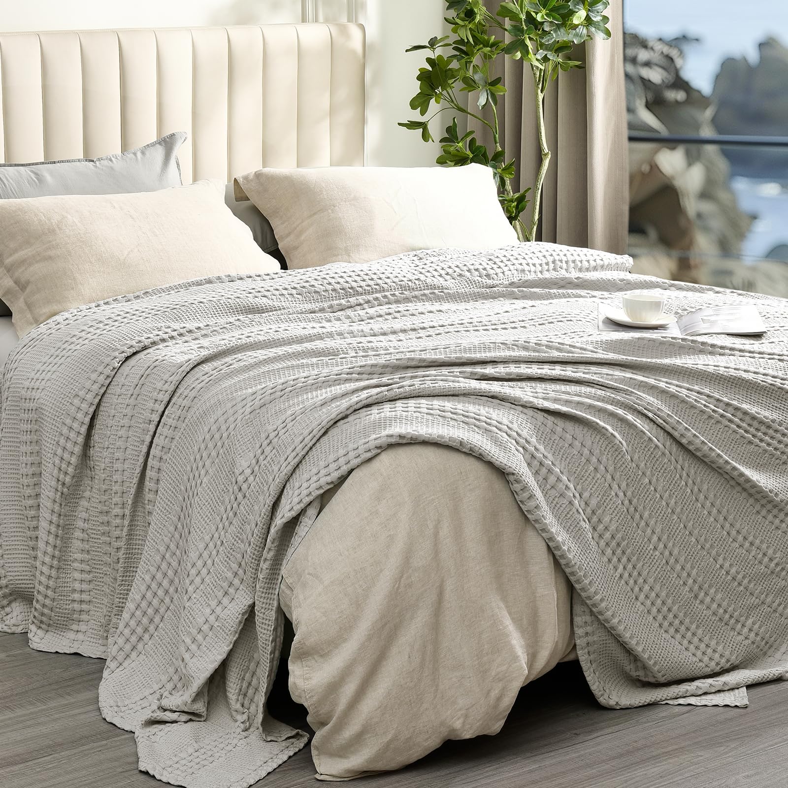 Phf Cooling Waffle Blanket Queen Size, Lightweight 60% Rayon Derived From Bamboo & 40% Cotton Breathable Blanket For Hot Sleepers, Soft And Luxury For Bed Couch And Sofa, 90'X90', Grey