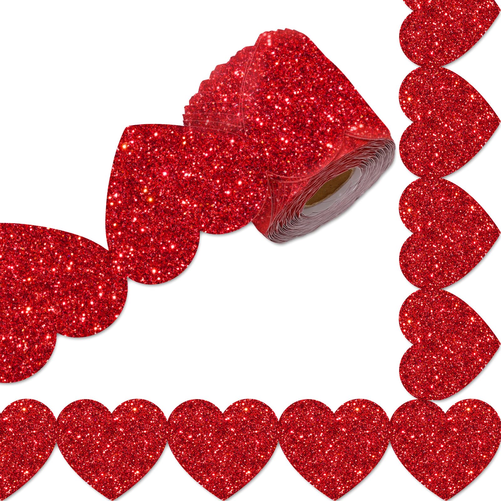 Whaline 65.6Ft Heart Bulletin Board Borders Glitter Red Heart Shaped Die-Cut Border Trim For Valentine'S Day Anniversary Chalkbo