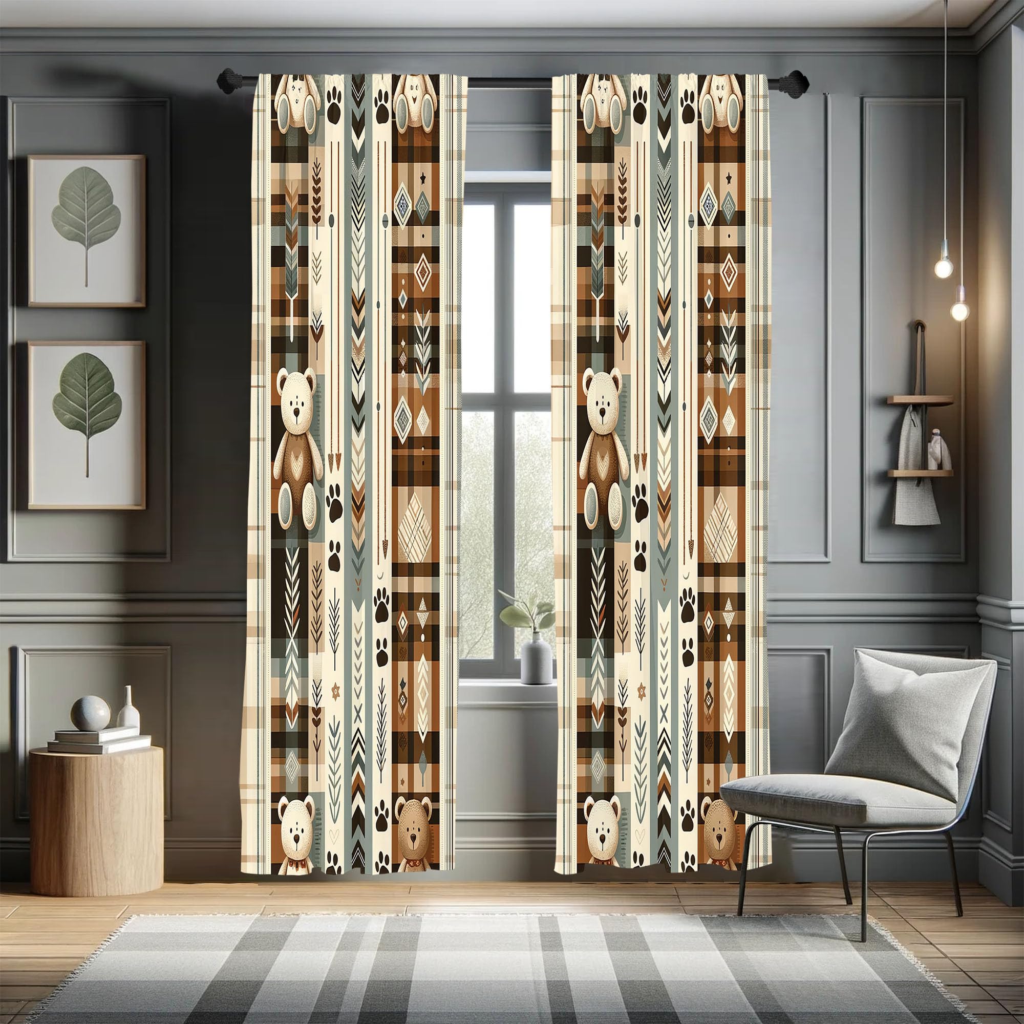 Ambesonne Bear Curtains, Modern Scandi Arrow And Leafy Plaid Ornate With Cartoon Paws Earthy Tones, Window Treatments 2 Panel Se