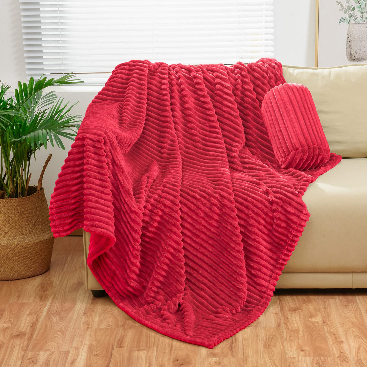 Bnuitland Magenta Flannel Throw (60X80 Inches) With Storage Pouch,300Gsm Super Soft Fleece Stripe Pattern Sofa Blanket For Adult