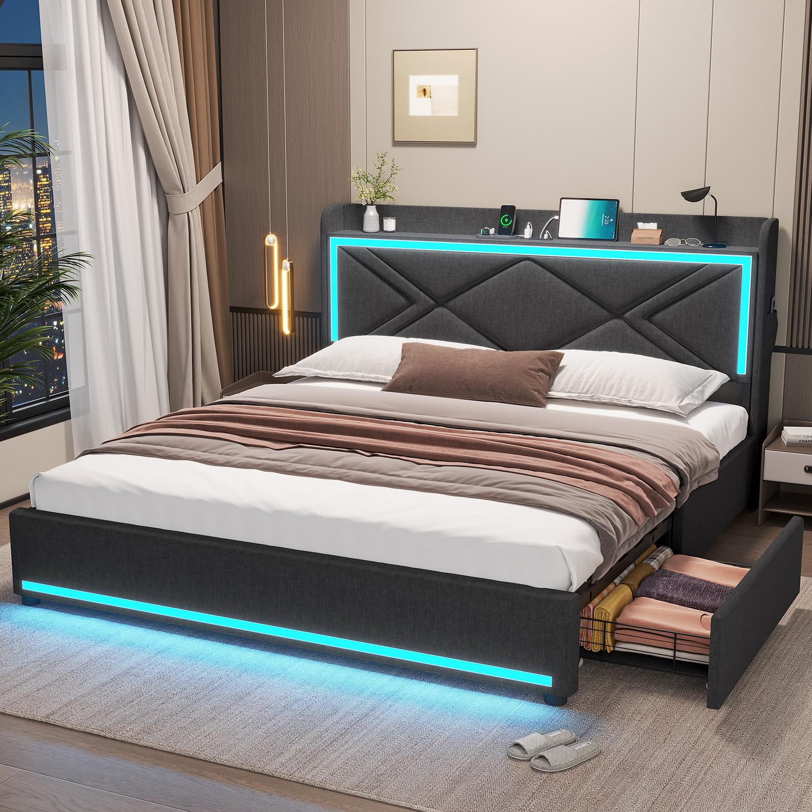 Hauoms Queen Bed Frame With Stoarge Drawers And Led Lights, Upholstered Platform Bed With Type-C & Usb Charging Station, Led Bed