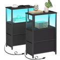 Tutotak Small Narrow Led End Table With Charging Station, Side Table Outlets, Nightstand With 2 Cloth Drawers, Set Of 2, Couch Table, For Living Room, Bedroom, Bedside, Black Tb01Bk056
