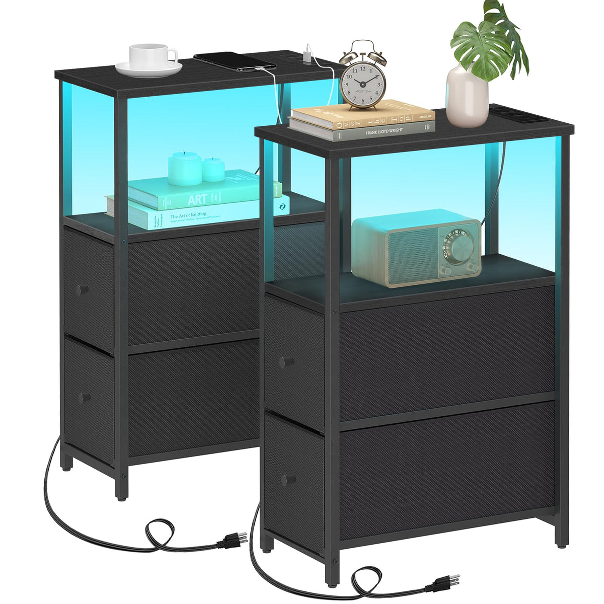 Tutotak Small Narrow Led End Table With Charging Station, Side Table Outlets, Nightstand With 2 Cloth Drawers, Set Of 2, Couch Table, For Living Room, Bedroom, Bedside, Black Tb01Bk056