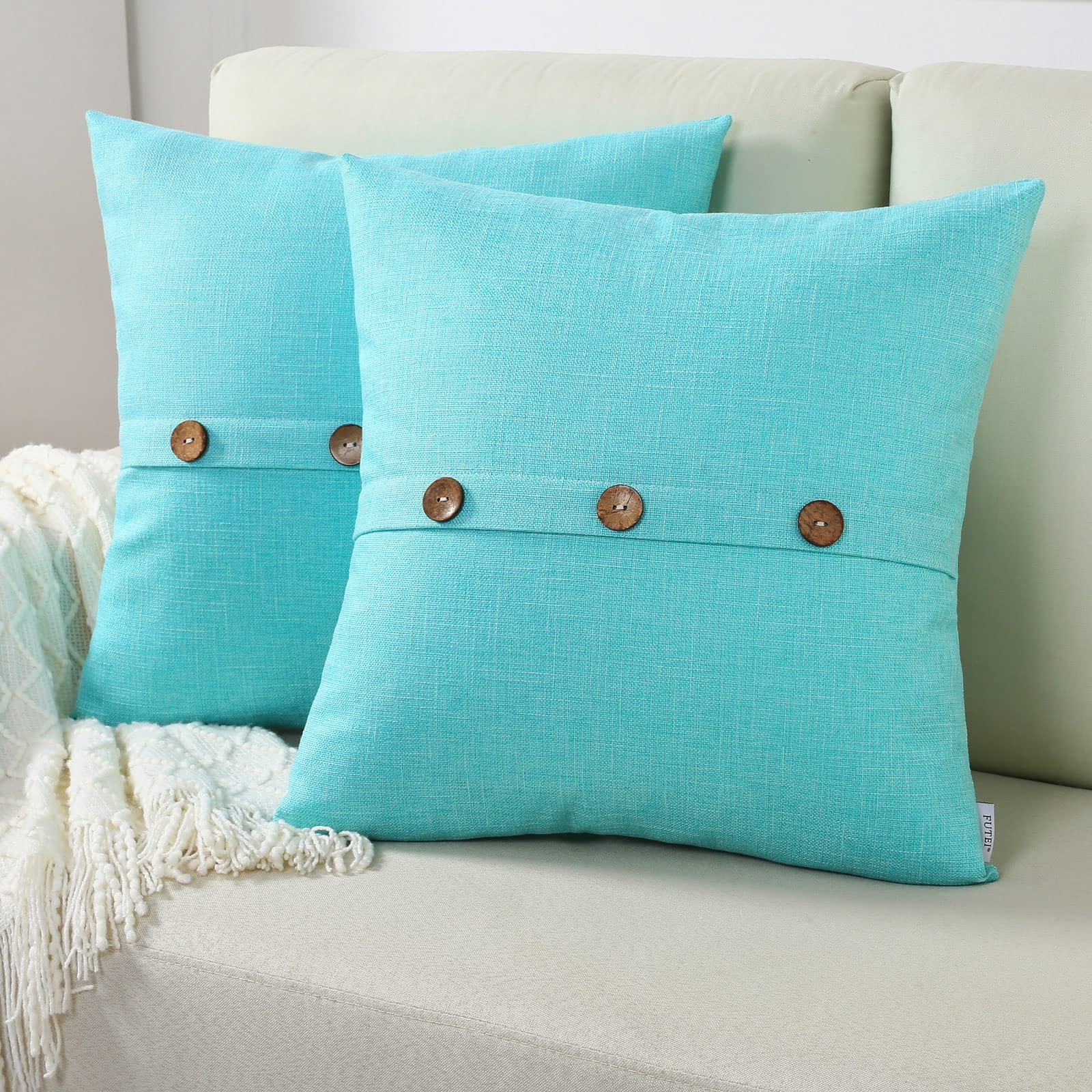 Futei Turquoise Linen Decorative Throw Pillow Covers 20X20 Inch Set Of 2, Square Cushion Case With Vintage Button/Zipper,Modern