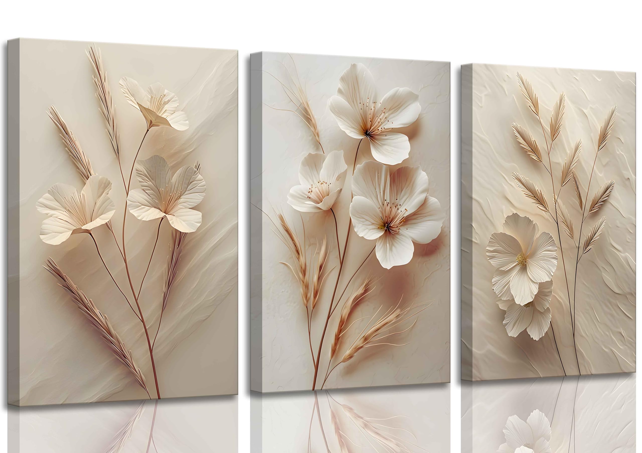 3Pcs Neutral Beige Floral Botanical Canvas Wall Art Modern Simple Texture Flower Plant Painting Picture Wall Decor Vintage Bloss