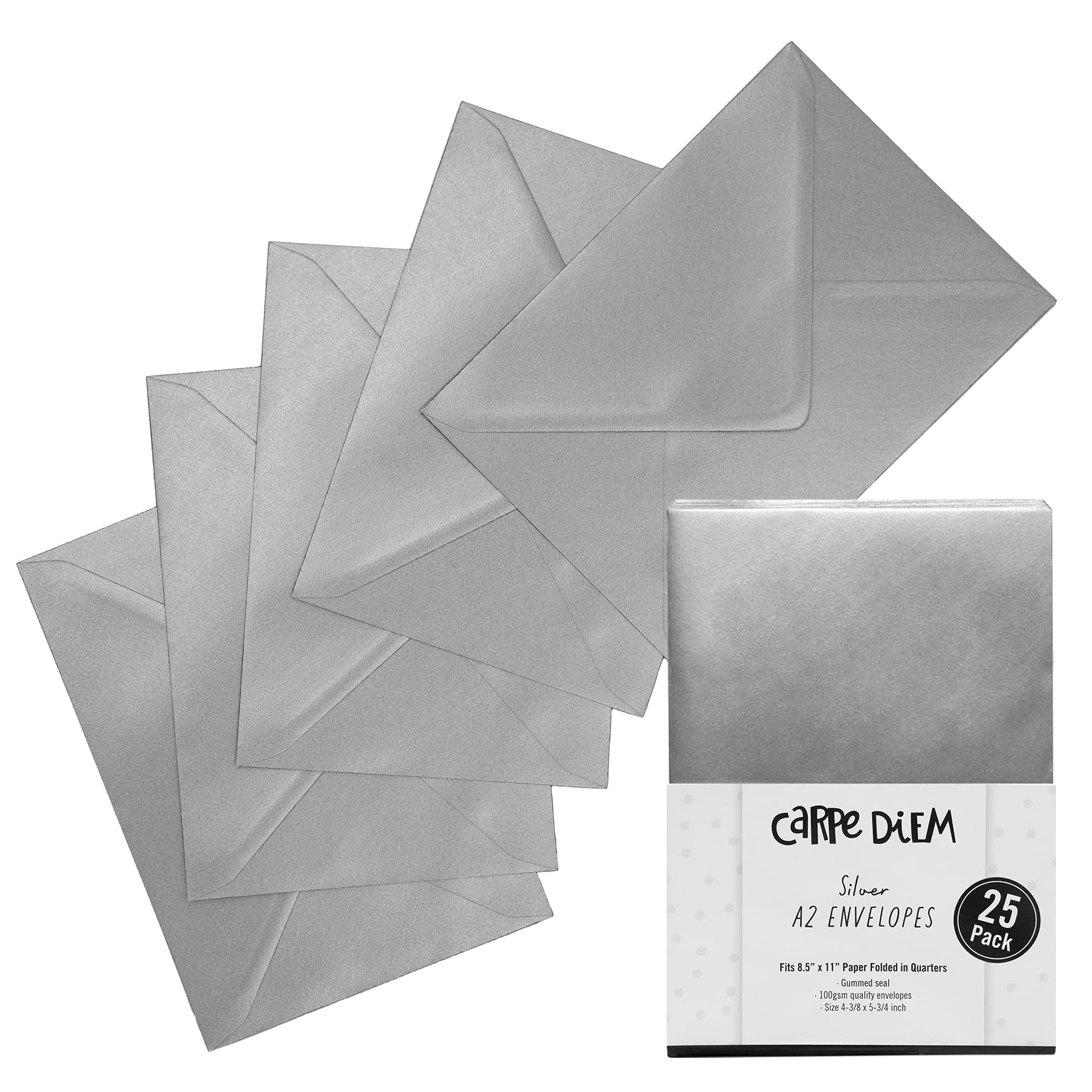 Pukka Pad, Carpe Diem Gummed Envelopes For Greeting Cards And Invitations - Pack Of 25 Silver Envelopes - A2, 4.38 X 5.75 In