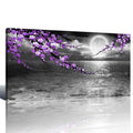 Large Purple Wall Art Decor for Living Room Bedroom Framed Black and White Seascape Full Moon Purple Flower Painting Canvas Pict