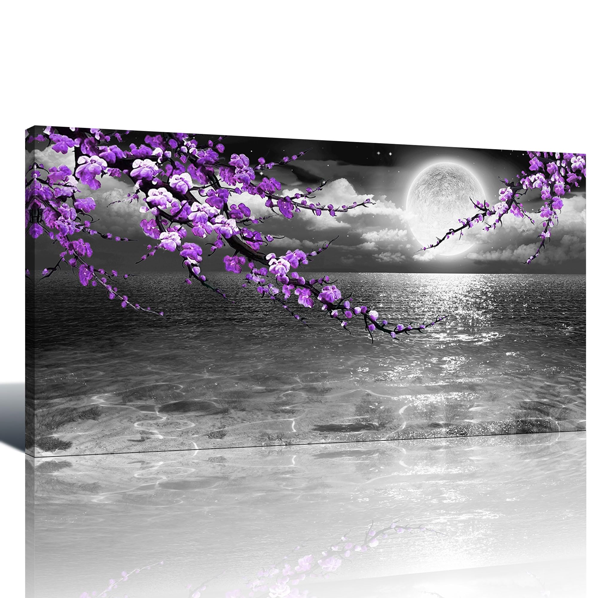 Large Purple Wall Art Decor for Living Room Bedroom Framed Black and White Seascape Full Moon Purple Flower Painting Canvas Pict