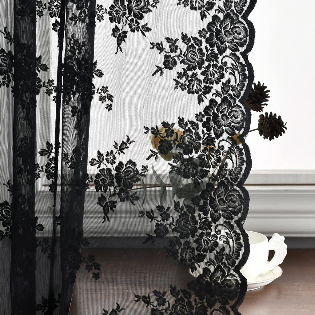 Kotile Black Lace Curtains 90 Inches Long for Living Room, 2 Panels Rustic Floral Vintage Gothic Black Sheer Curtains Halloween 