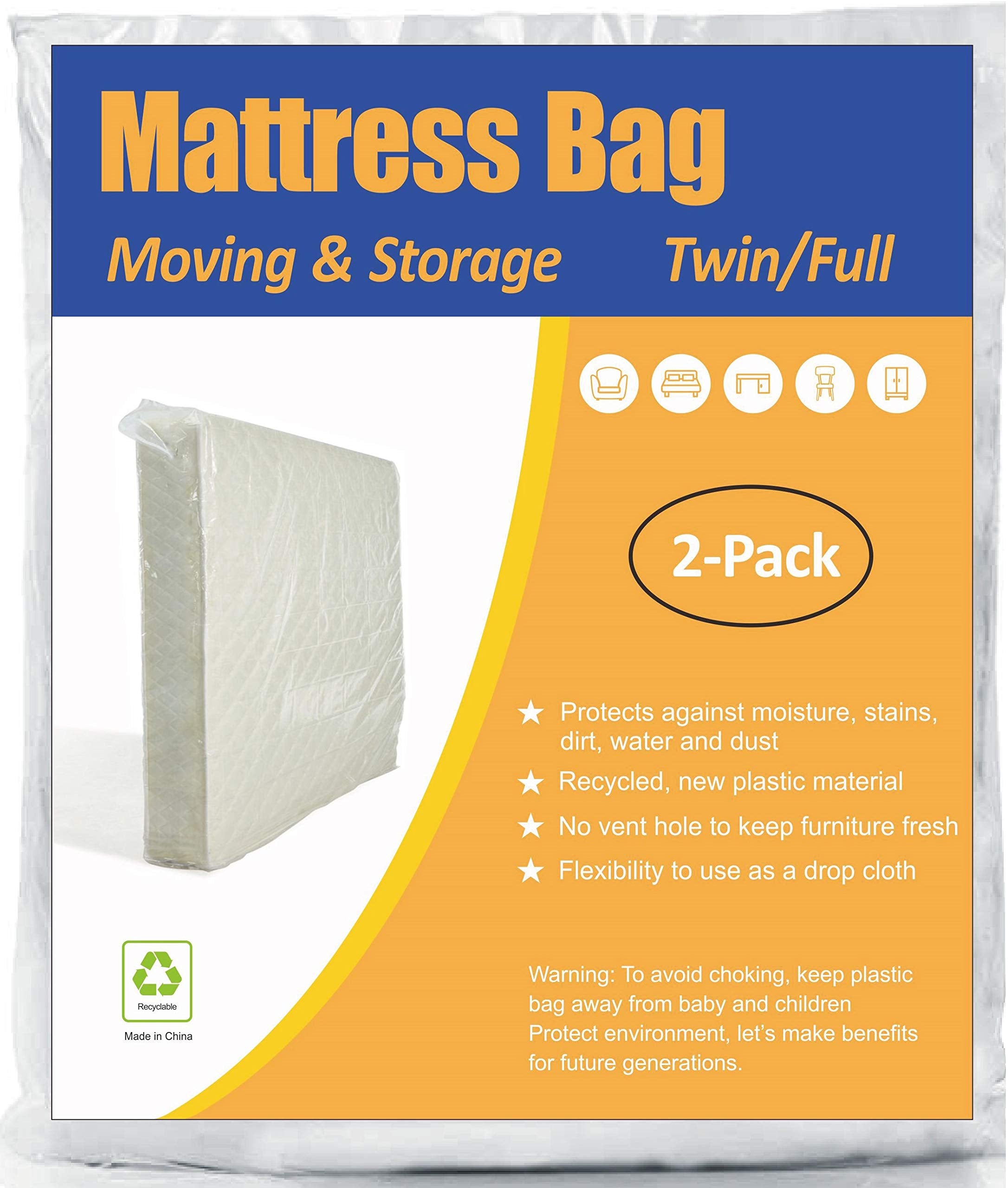 Comforthome Mattress Bag For Moving And Storage, Twin And Full Size, 2 Pack Clear