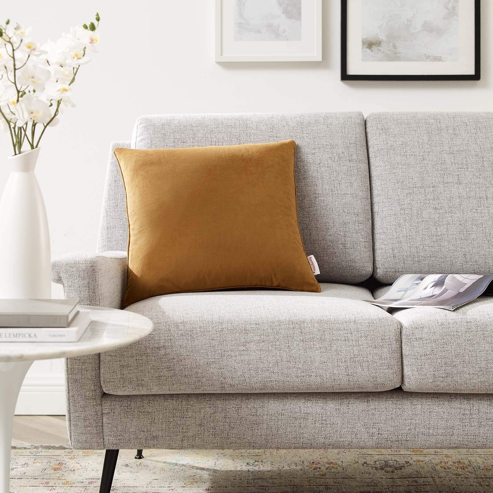 Modway Enhance Performance Velvet Throw Pillow, 18&quot; X 18&quot;, Cognac