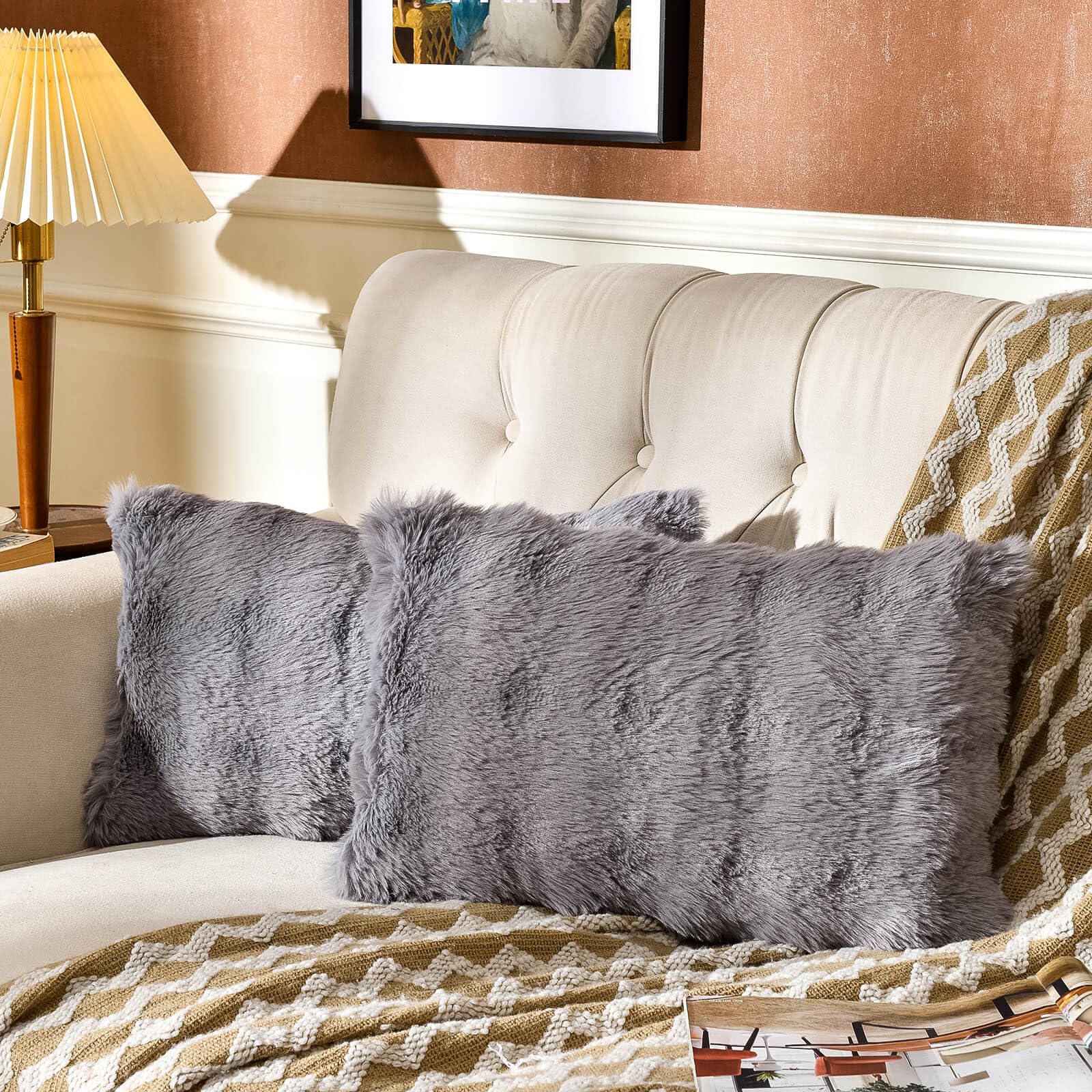 Amhoo Pack Of 2 Throw Pillow Covers 3D Dense Faux Rabbit Fur Cozy Super Soft Fuzzy Set Case Cushion For Couch Sofa Bedroom 12 X