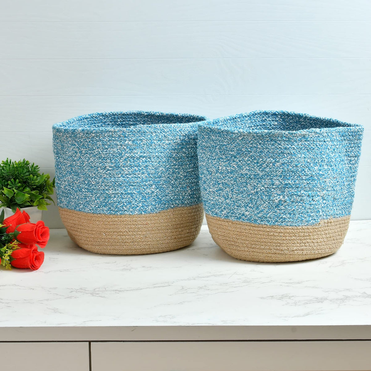 LaVichitra Braided Cotton Baskets | Storage Bins Organizer | Laundry, Toys & Planter Basket Set of 2 (10 Inch), Aqua