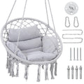 Krofem Macrame Hammock Hanging Swinging Chair With Medium Cushion, Perfect For Bedroom, Porch, Adults, Balcony, Grey