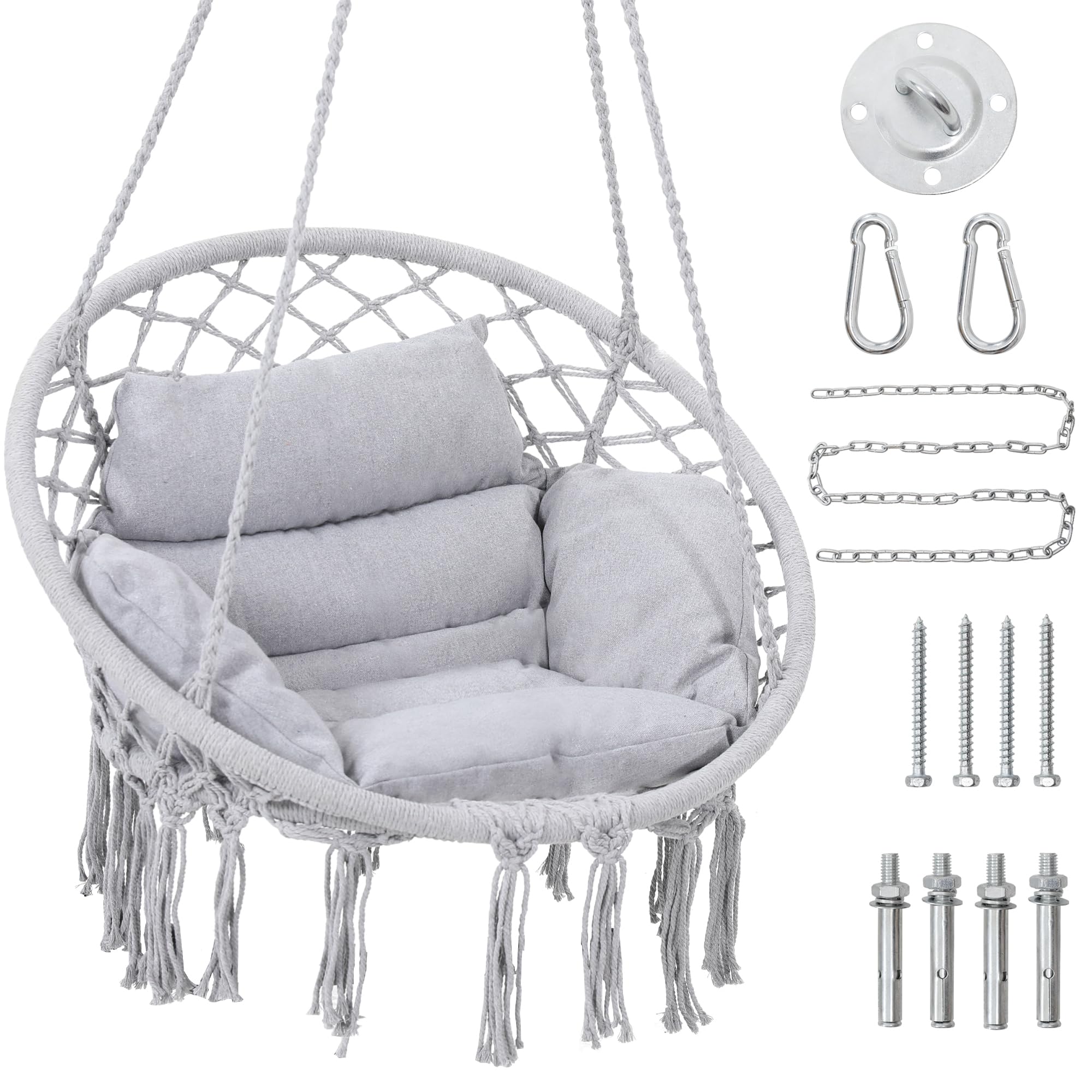 Krofem Macrame Hammock Hanging Swinging Chair With Medium Cushion, Perfect For Bedroom, Porch, Adults, Balcony, Grey