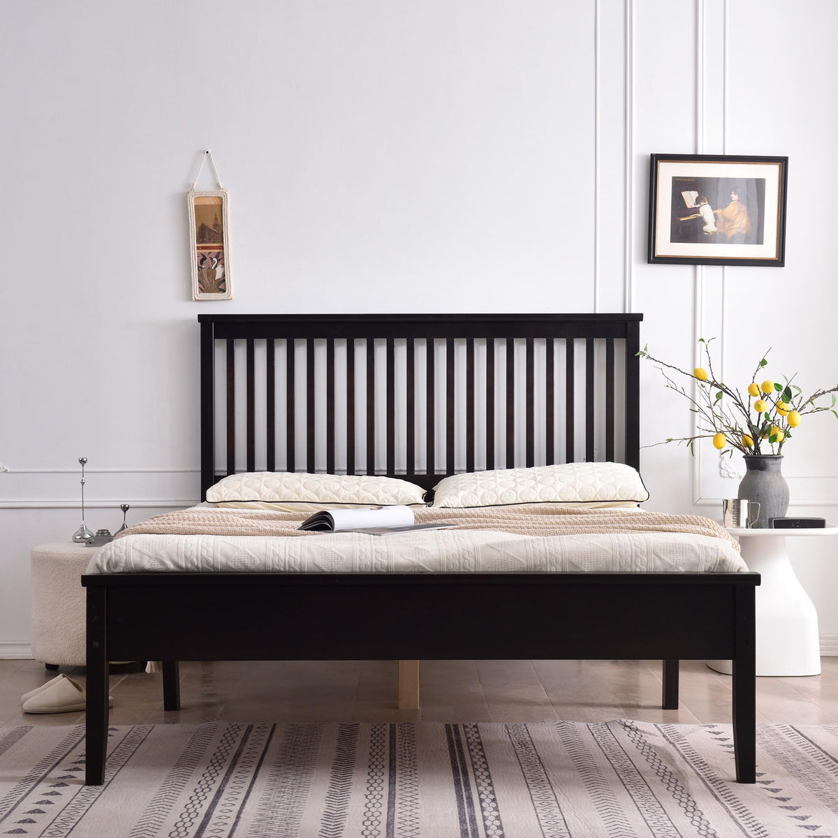 Woodpeckers Furniture And Mattress Solid Pine Wood Bed (Black, Queen)