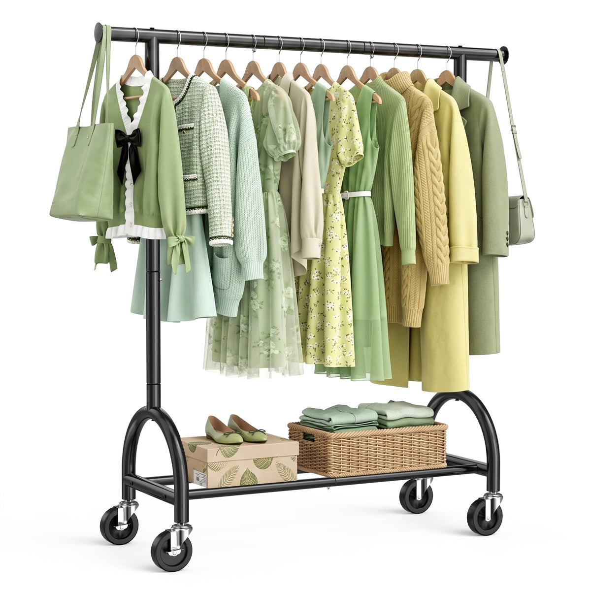 EAGMAK Heavy Duty Clothes Rack with Wheels, Single Rod Garment Rack, Black