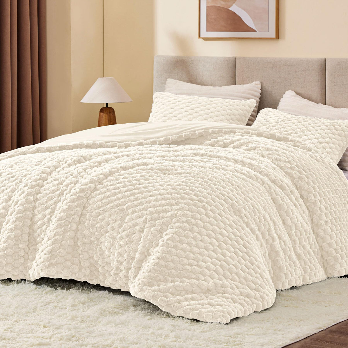 Bedelite Fluffy King Size Comforter Set - Beige Fleece Soft Comforter For King Size Bed, Luxury Warm Bedding Set For Winter, Fuz