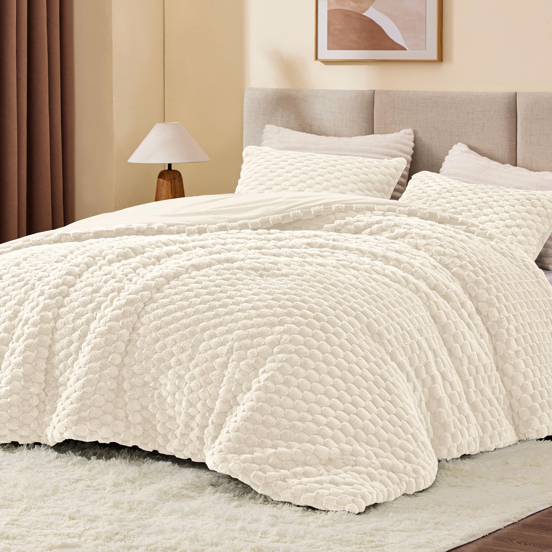 Bedelite Fluffy King Size Comforter Set - Beige Fleece Soft Comforter For King Size Bed, Luxury Warm Bedding Set For Winter, Fuz