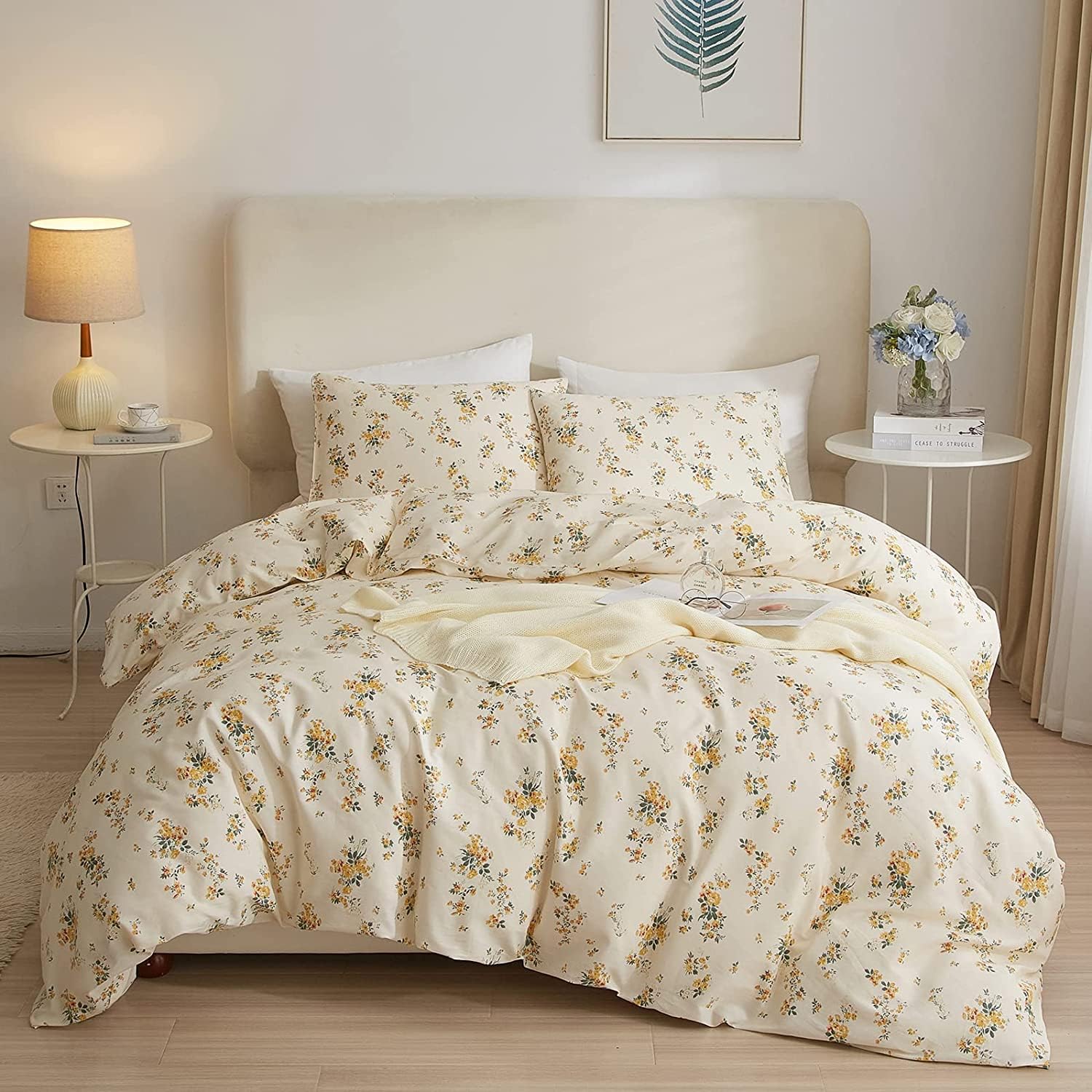 Highbuy 3 Pieces Duvet Covers Queen Size Yellow Floral Duvet Cover Set,Ultra Soft Cotton Bedding Set Botanical Printed Soft Aest