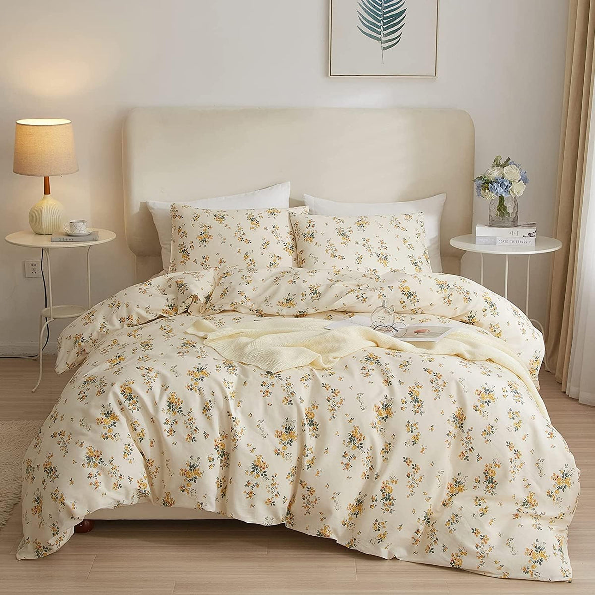 Highbuy 3 Pieces Duvet Covers King Size Yellow Floral Duvet Cover Set,Ultra Soft Cotton Bedding Set Botanical Printed Soft Aesth