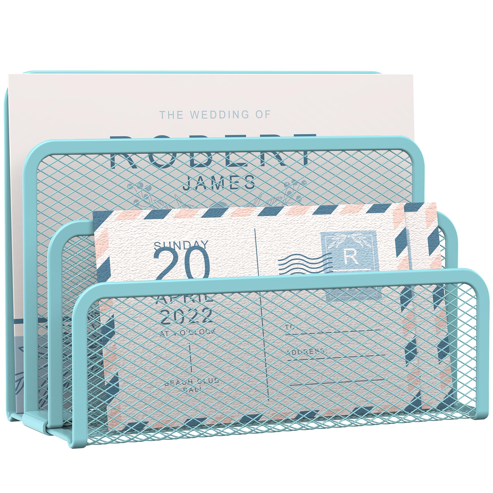 Supeasy Desktop File Organizer, Mesh Metal Mail Holder Countertop With 3-Slot, Letter Sorter, Office Envelope Organizer (Blue),