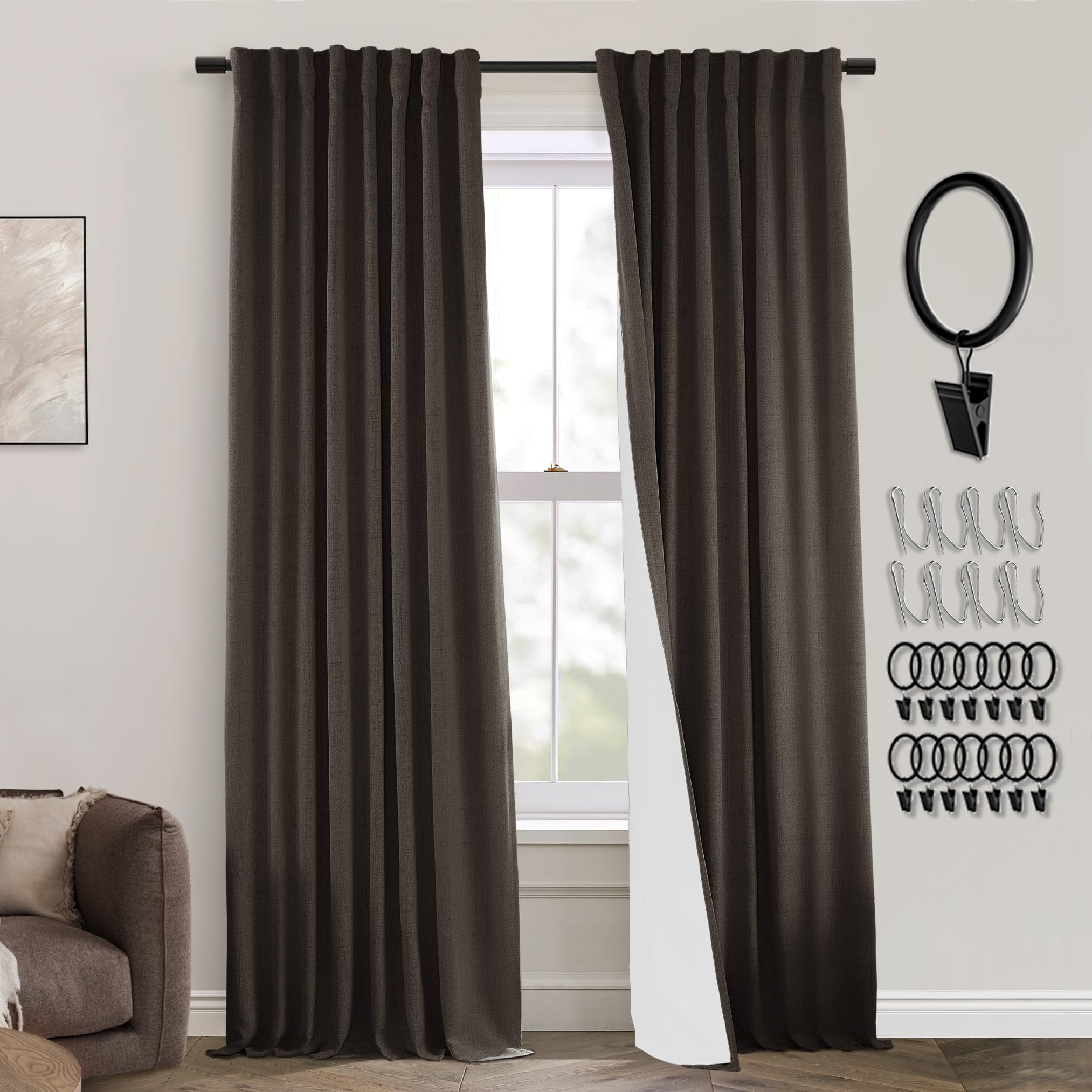 PANELSBURG Dark Brown 96 Inch Length Living Room Bedroom Back Tab/Rod Pocket Room Darkening Thermal Insulated 100% Blackout Line