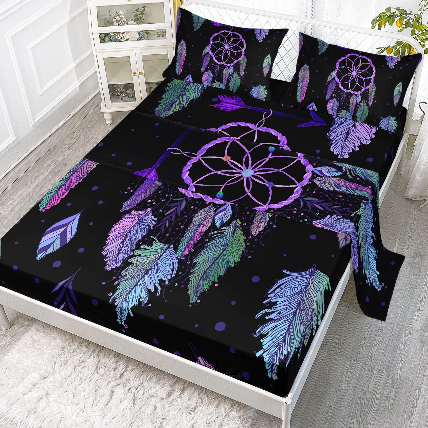 Datura Home Dream Catcher Sheet Set Fitted And Flat Black Purple Printed With 1 + 2 Pillowcases For Girls (Dream Queen), Queen 9
