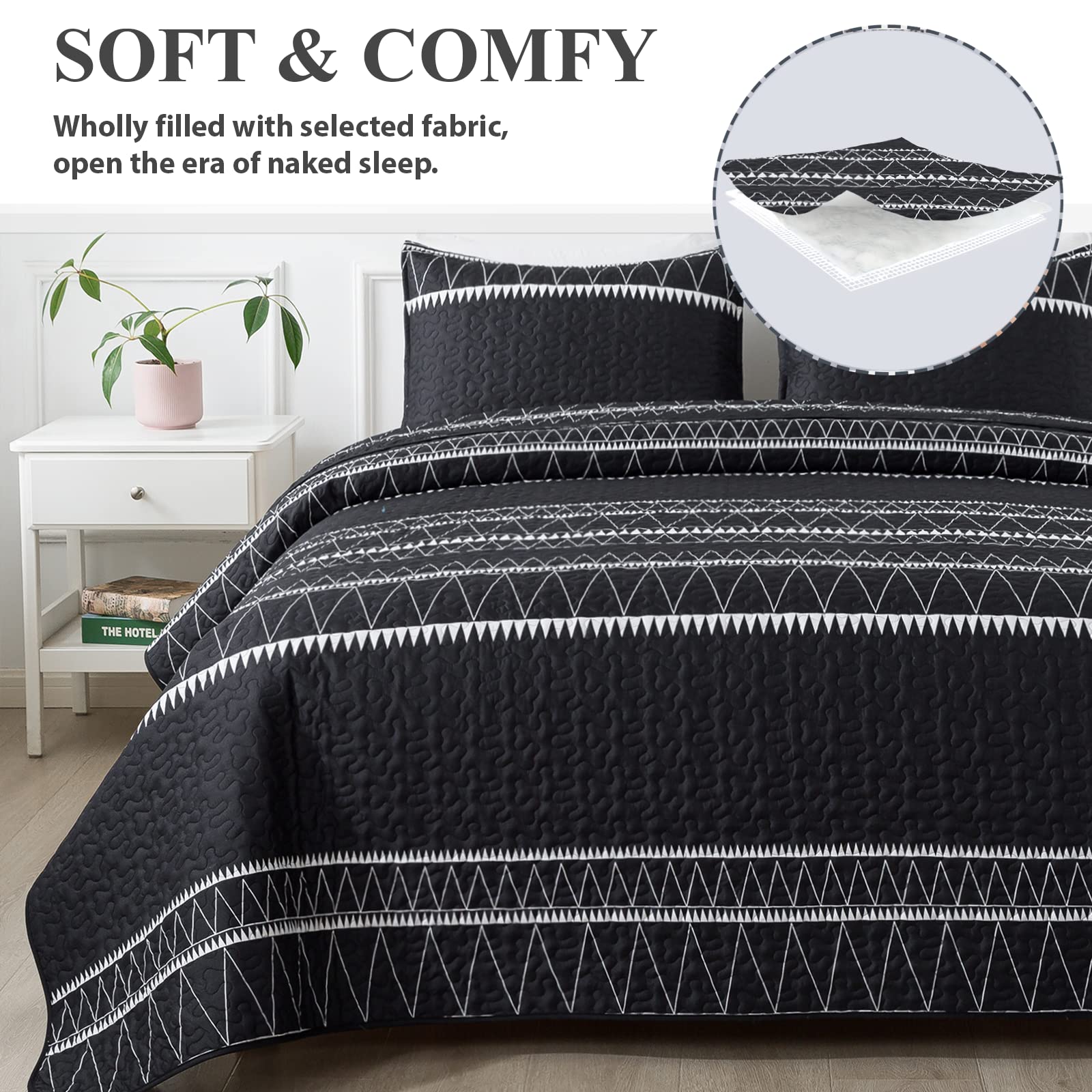 Andency Black Quilt Set Oversized King (118X120 Inch), 3 Pieces(1 Striped Triangle Printed Quilt And 2 Pillowcases), Bohemian Summer Lightweight Reversible Microfiber Bedspread Coverlet Sets