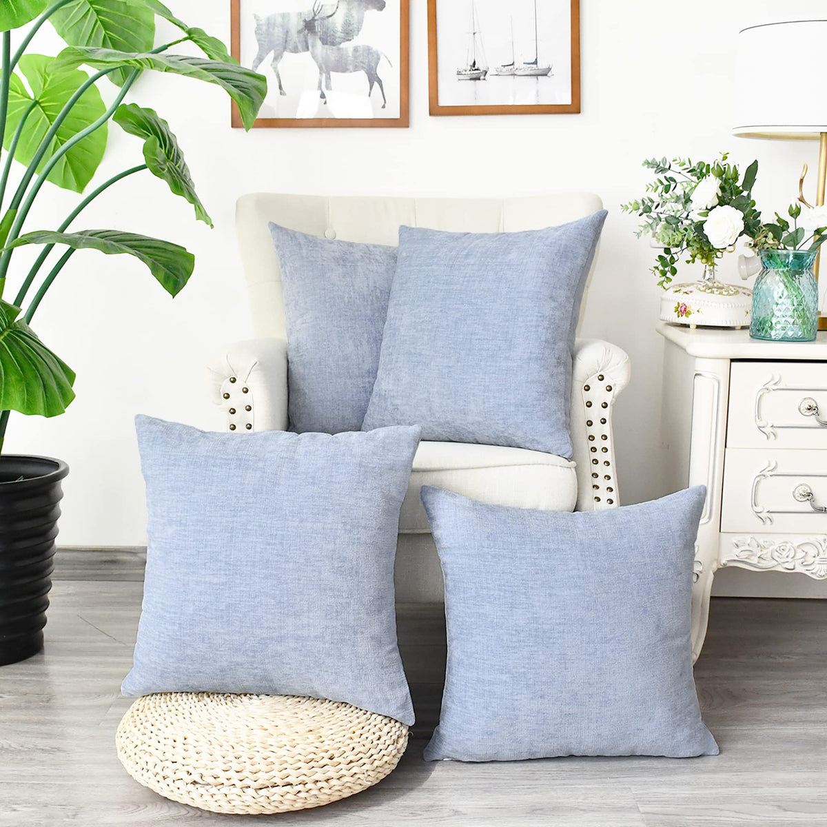 Calitime Pack Of 4 Cozy Throw Pillow Covers Cases For Couch Sofa Home Decoration Solid Dyed Soft Chenille 18 X 18 Inches Baby Bl
