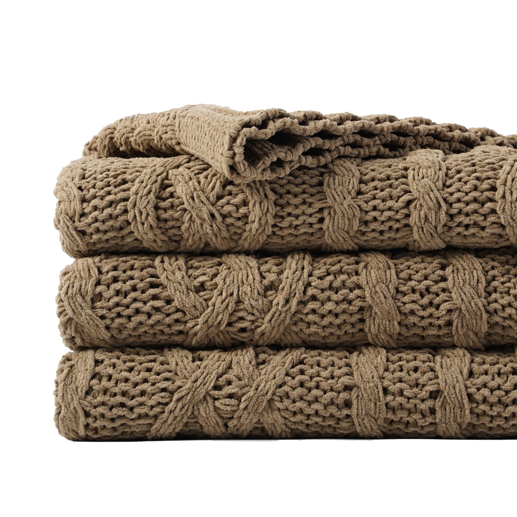 Battilo Camel Tan Throw Blanket For Couch,51 'X67 ', Cable Chenille Knitted Throw Blankets For Bed, Sofa, Chair,Living Room, S