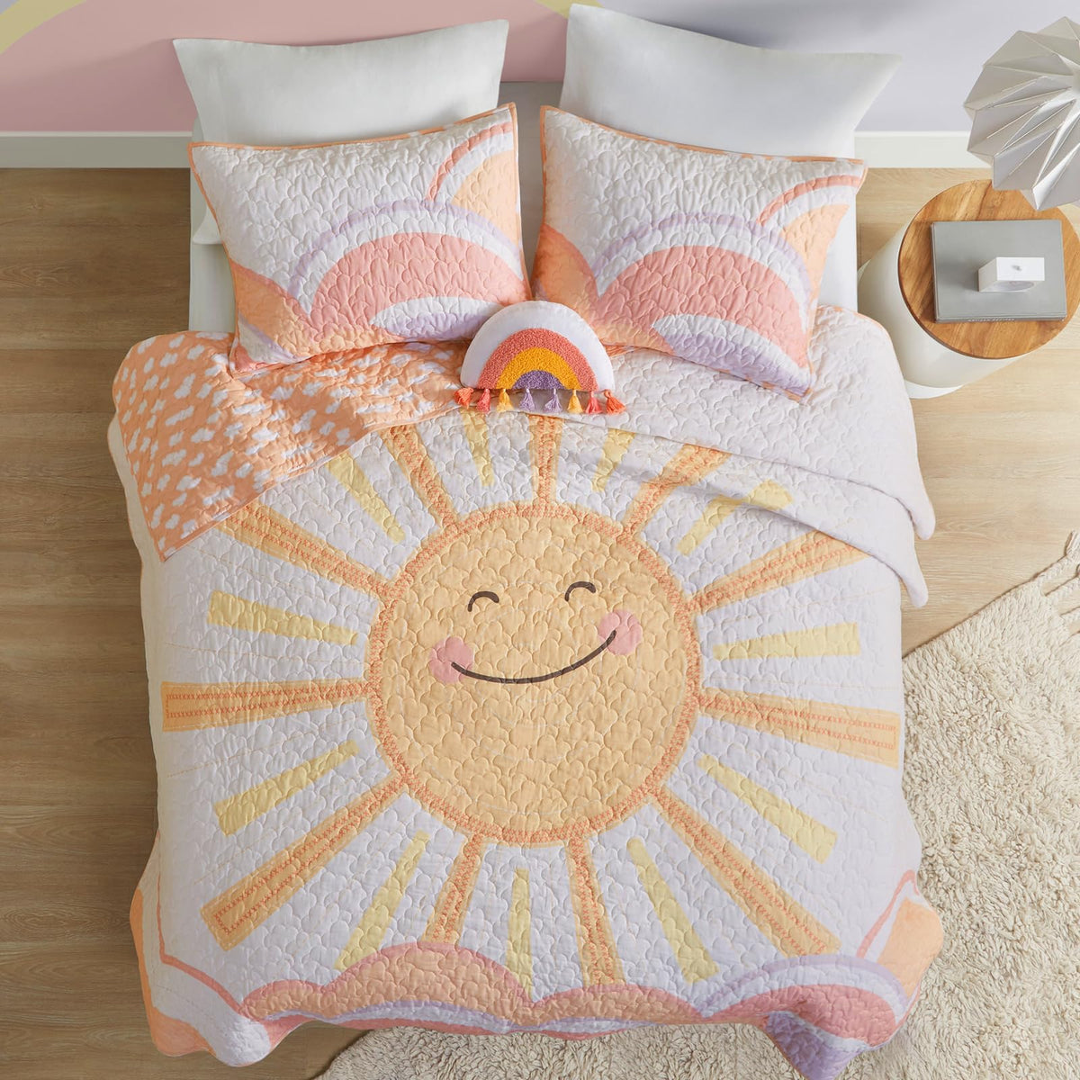 Urban Habitat Kids Queen Bedding Set Cotton Sun Full Size Quilt Sets For Girls Rainbow & Clouds Reversible Queen Coverlet Dawn L