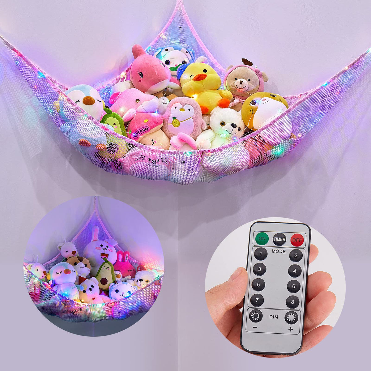 Basumee Stuffed Animals Net Or Hammock With Led Light Hanging Toy Net Hammock For Stuffed Animals Storage Stuff Animals Hammocks For Nursery Kids Room With Remote Control, 8 Kinds Of Lights(Pack Of 1)