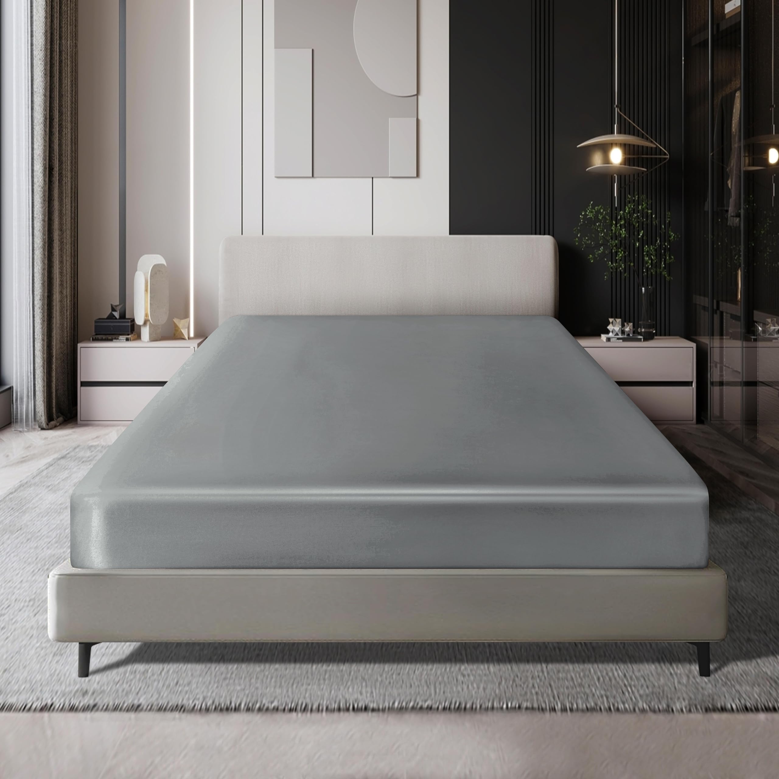 Milvowoc Twin Satin Fitted Sheet, Light Gray Fitted Sheet Only Soft Bottom Fitted Sheet, Fitted Bed Sheets - 1 Piece