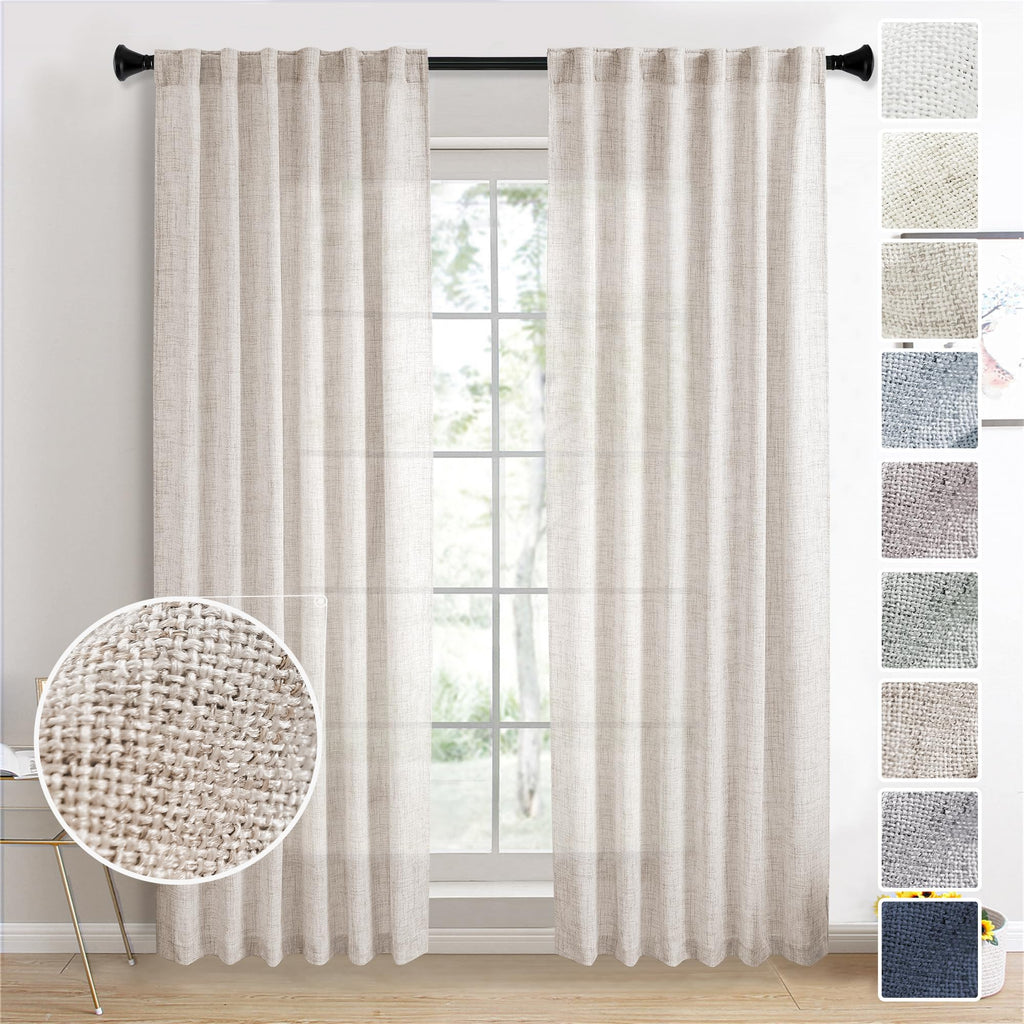 MEETBILY 94 Inches Long Linen Sheer Curtains for Living Room 2 Panels Set, Rod Pocket Linen Textured Drapes Modern Airy Privacy 