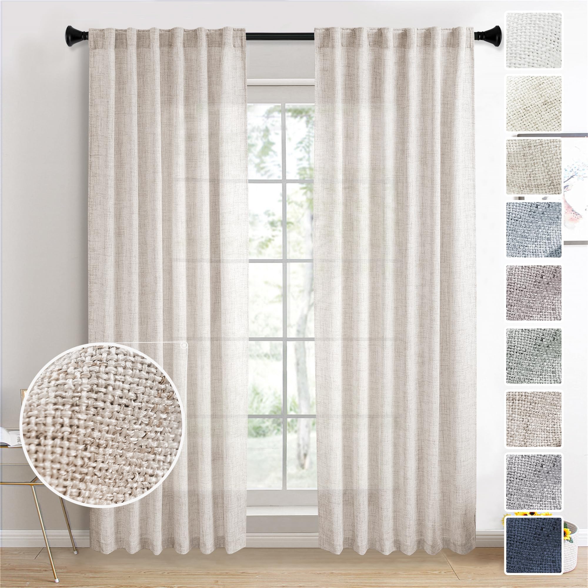MEETBILY 94 Inches Long Linen Sheer Curtains for Living Room 2 Panels Set, Rod Pocket Linen Textured Drapes Modern Airy Privacy 