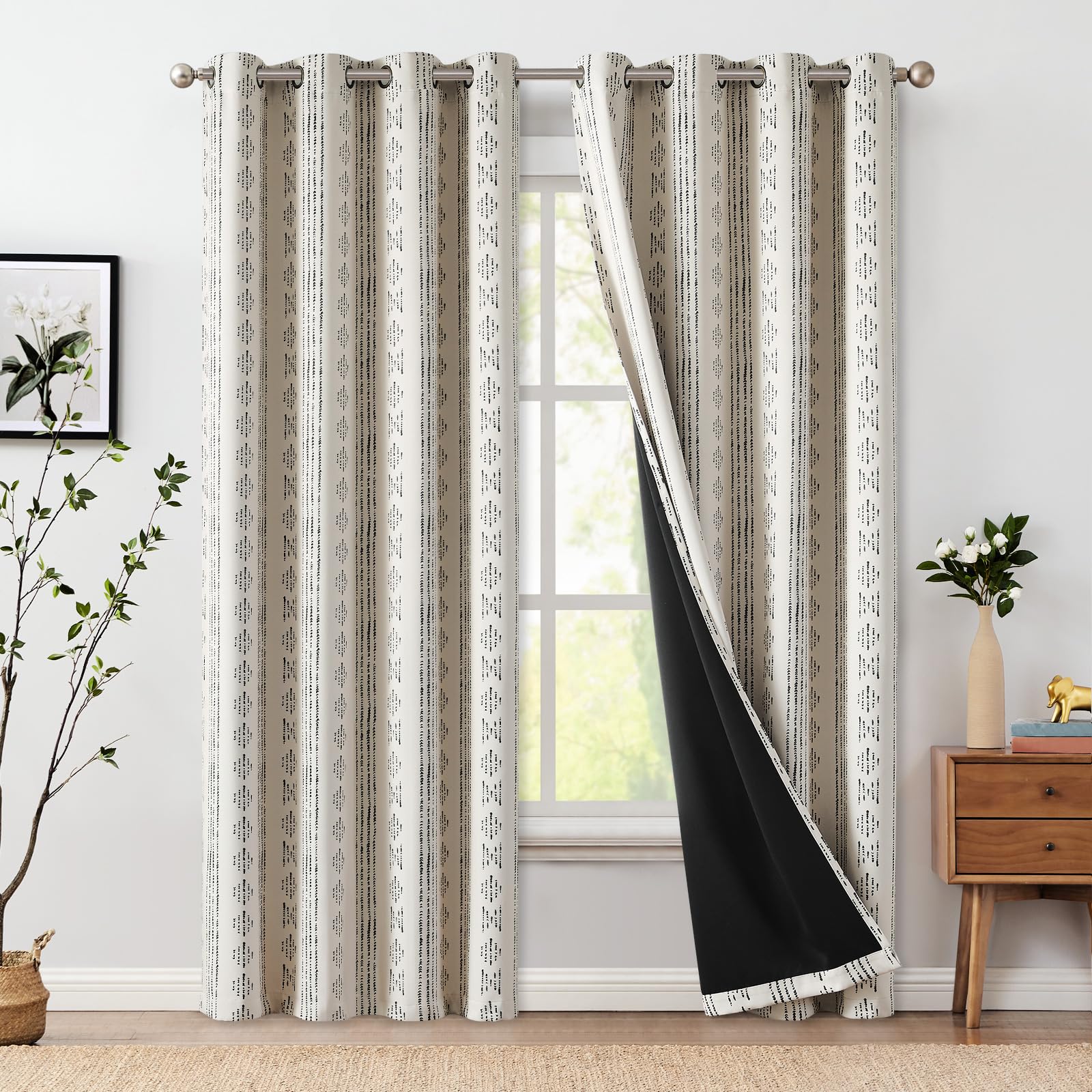Jinchan 100% Blackout Boho Curtains 108 Inches Long For Bedroom Black On Beige Geometric Printed Grommet Top Room Darkening Ther