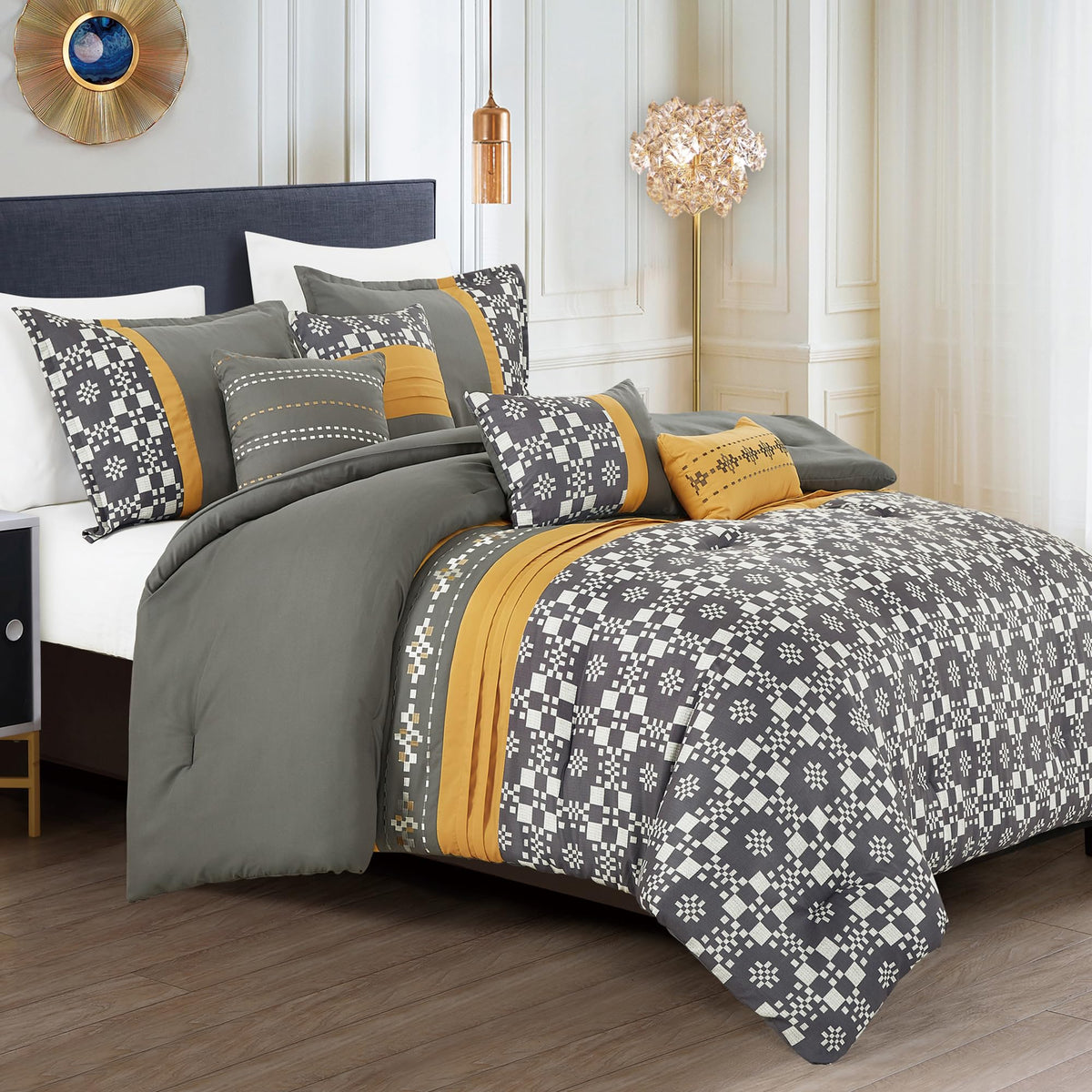 Esca 7-Pieces Kachina Grey And Yellow Comforter Set Gray Bedding Queen Size