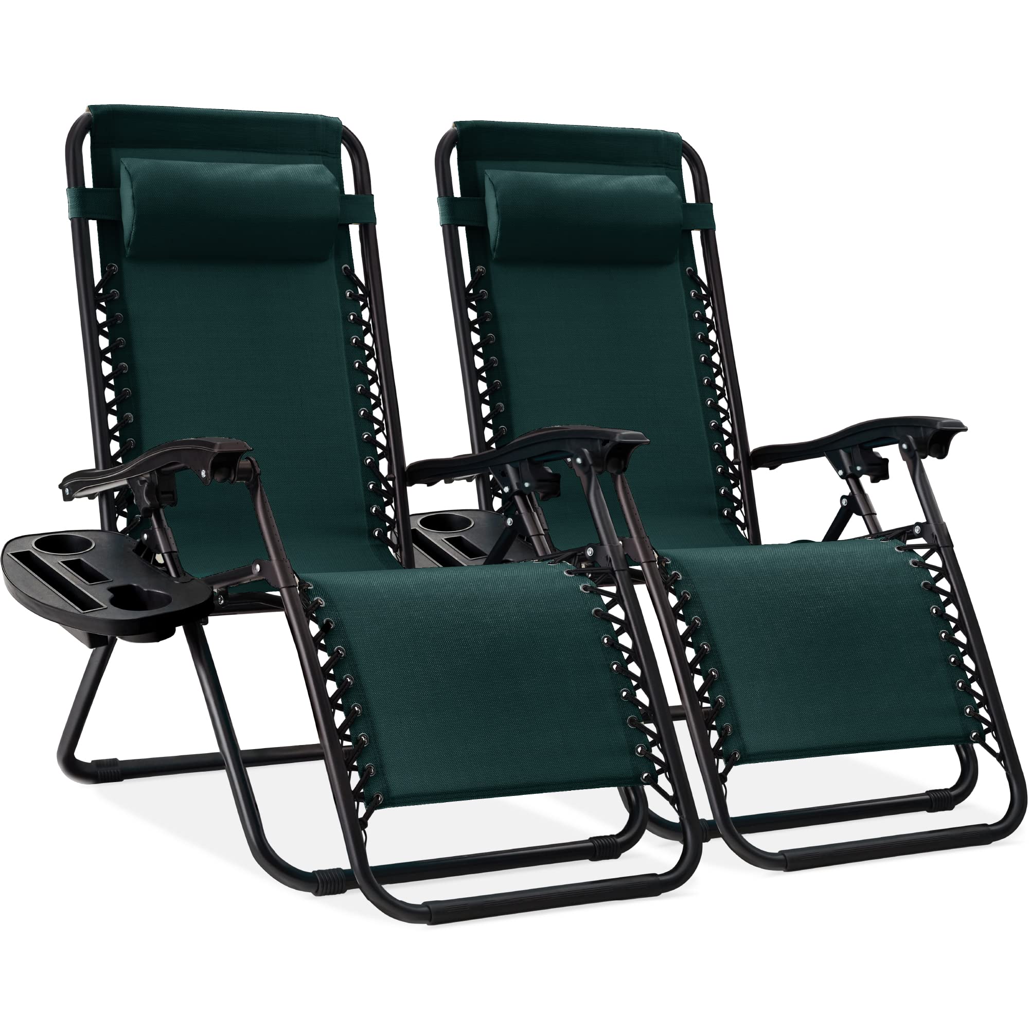 Best Choice Products Set of 2 Adjustable Steel Mesh Zero Gravity Lounge Chair Recliners w/Pillows and Cup Holder Trays - Forest 