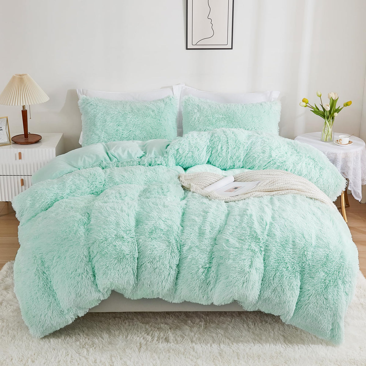 Annadaif Fluffy Duvet Cover King Size, Aqua Green Plush Shaggy Faux Fur Comforter Cover Velvet Bedding Set With Zipper Closure(1