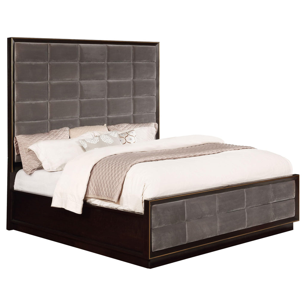 Coaster Home Furnishings Durango Contemporary Velvet Upholstered Eastern King Size Panel Bed Frame 80-inch Headboard Smoked Peppercorn 223261KE