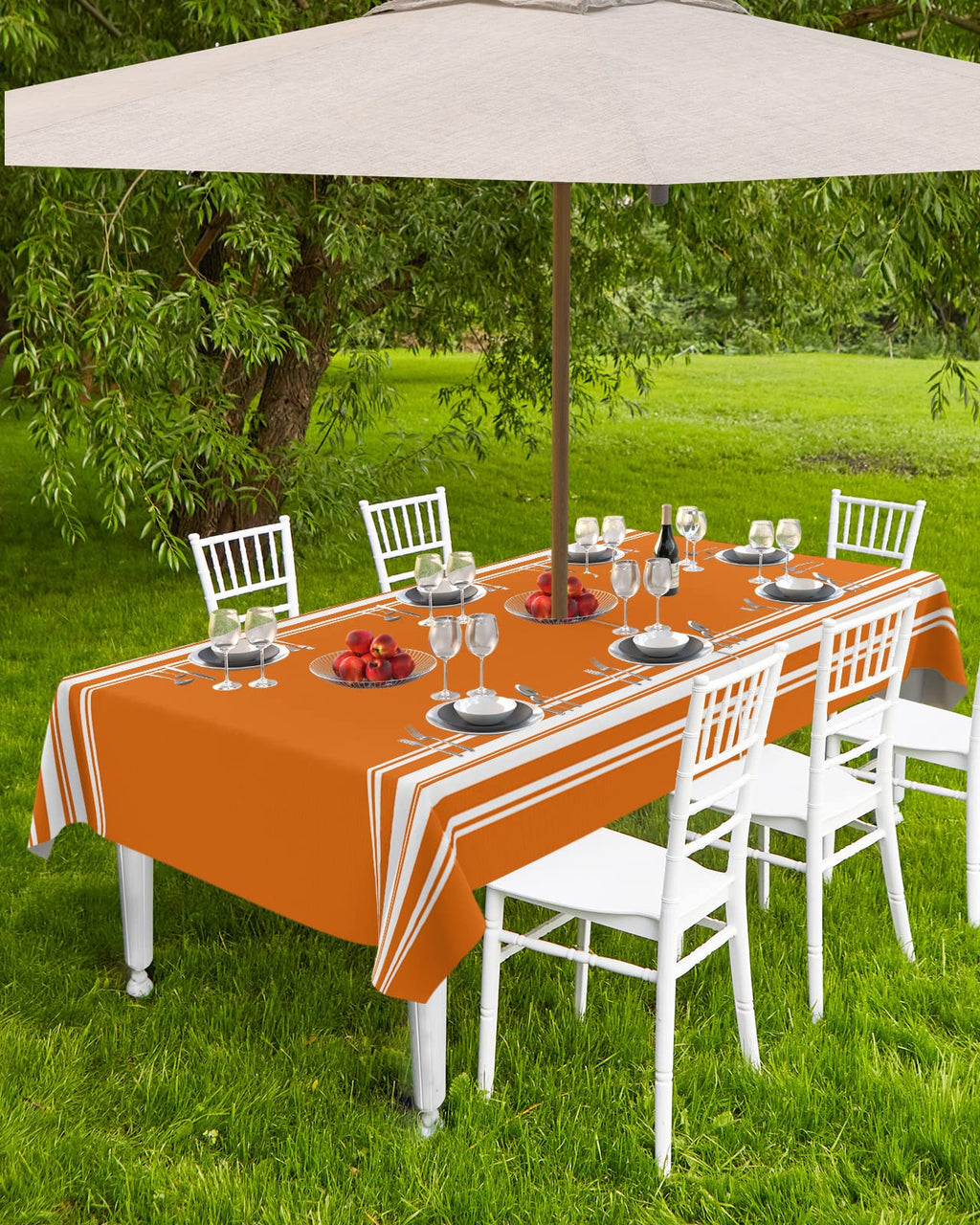 Fall Outdoor Tablecloth With Umbrella Hole, Farmhouse Orange White Stripe Rectangle Tables Zippered Table Cloth Waterproof Table