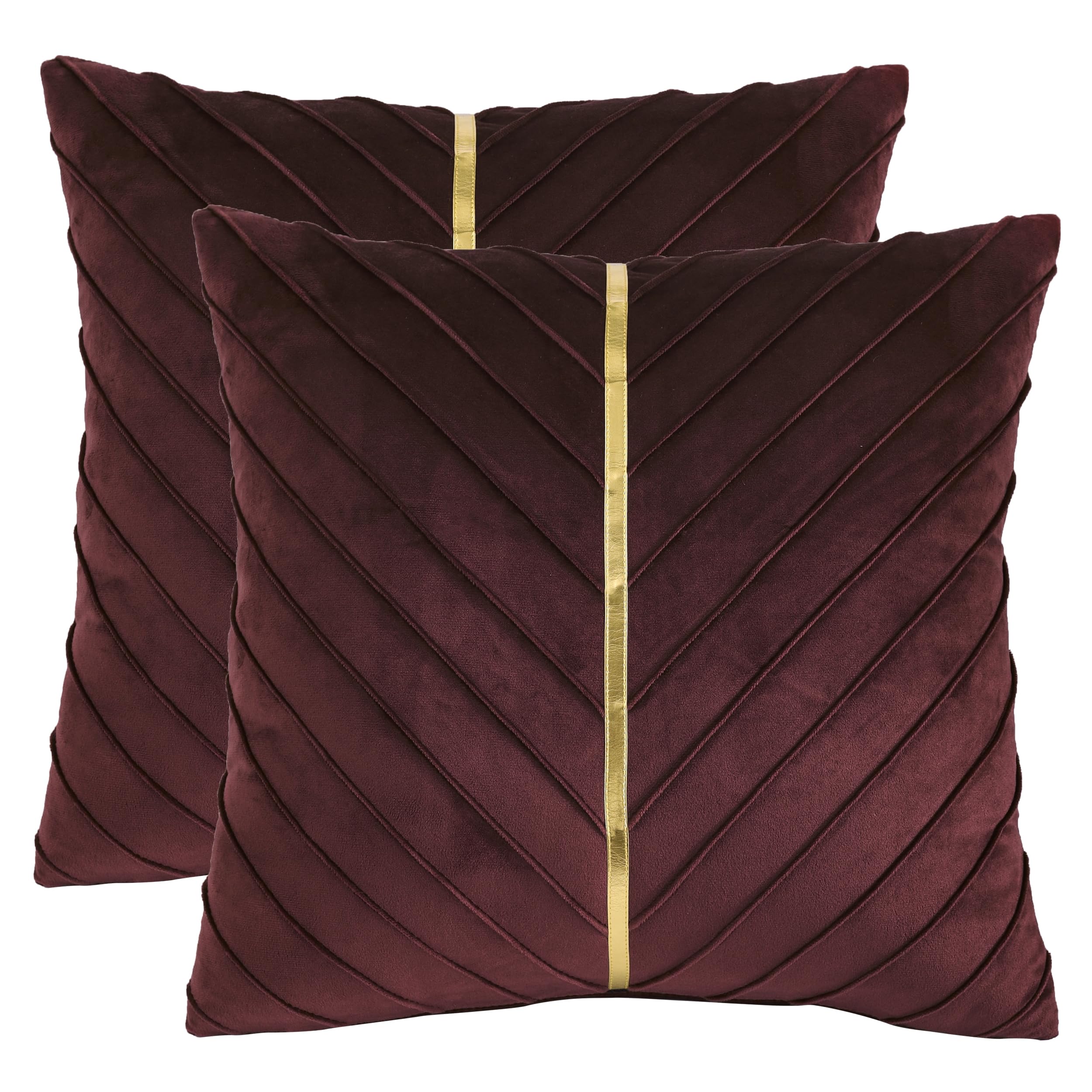 Tosleo Burgundy Velvet Throw Pillow Covers 24X24 Inch Pack Of 2 With Gold Leather Decorative Couch Pillow Cover Luxury Modern Pi