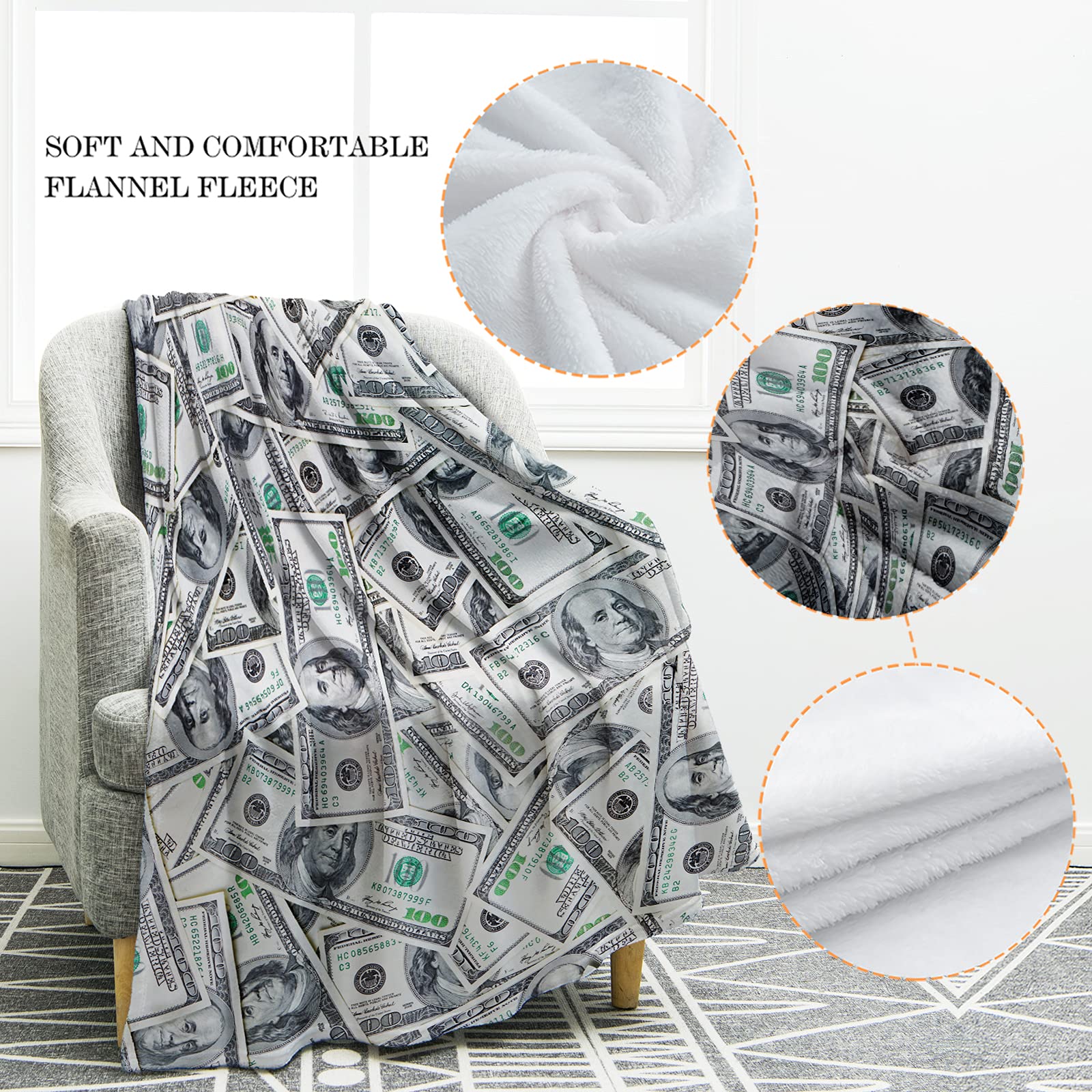 Jekeno Money Blanket 100 Dollar Bills Pattern Print Gifts For Dad Women Kids Girls Birthday Father'S Day Home Bedroom Living Roo