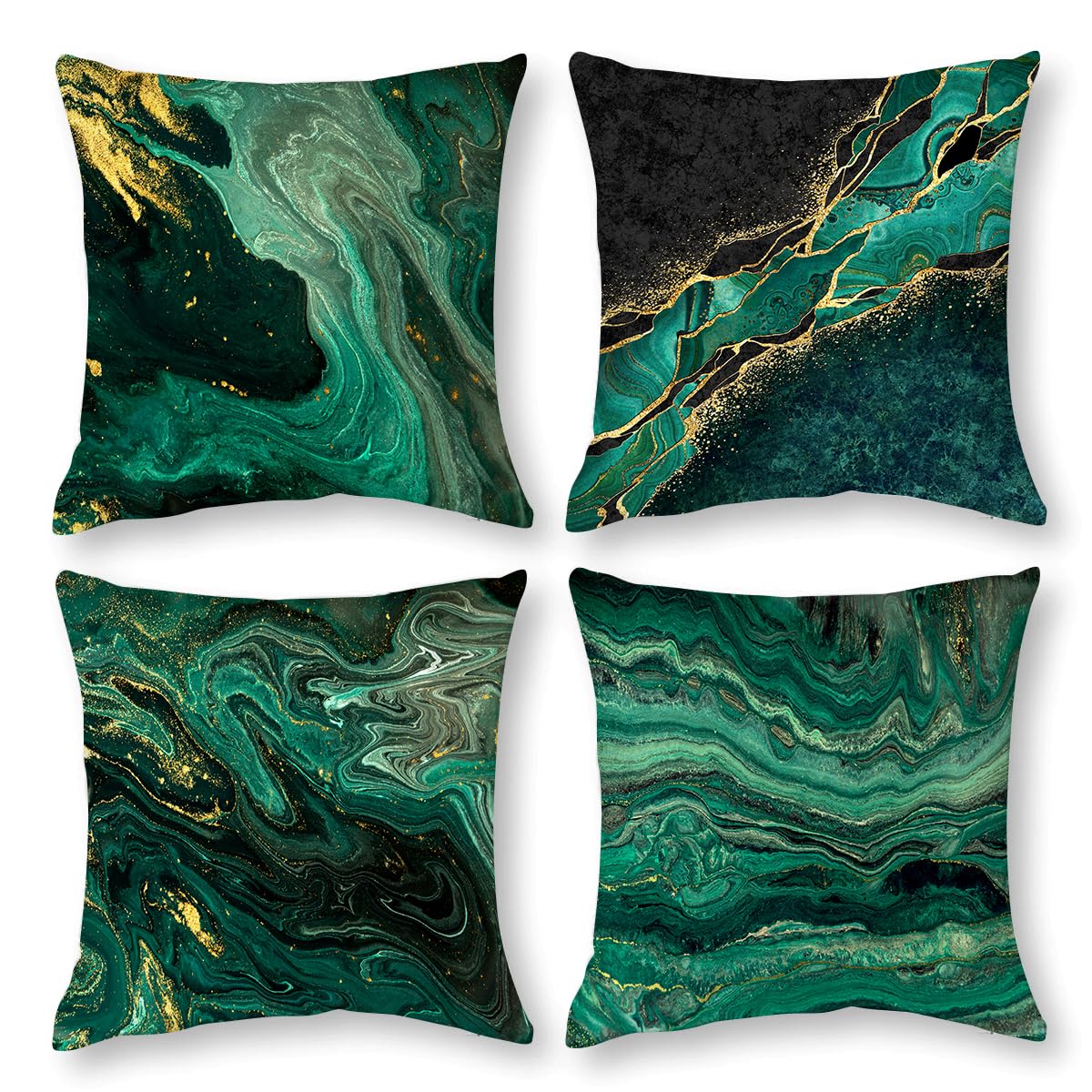 Teal Turquoise Marble Throw Pillow Covers Set Of 4 Emerald Dark Green Gold Pillow Cases 18X18 Inch Abstract Modern Decorative Cu