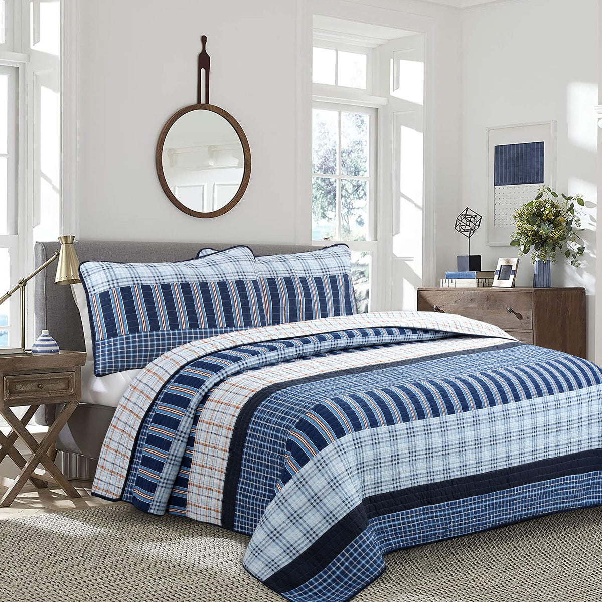 Cozy Line Home Fashions 100% Cotton Plaids And Stripes Patchwork Boy Reversible Quilt Bedding Set, All-Season Coverlet Bedspread