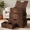 Yookeer 5 Pcs Woven Paper Rope Storage Baskets with Lid and Handles, Brown Large Storage Organizer with Labels, Stackable Rectan