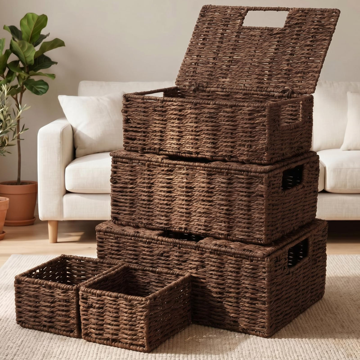 Yookeer 5 Pcs Woven Paper Rope Storage Baskets with Lid and Handles, Brown Large Storage Organizer with Labels, Stackable Rectan
