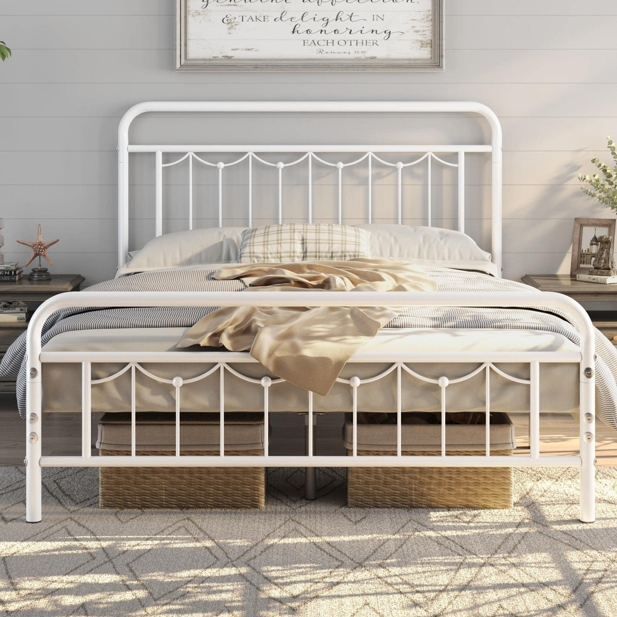 Yaheetech Full Size Metal Bed Frames with Vintage Headboard and Footboard, Farmhouse Metal Platform Bed, Heavy Duty Steel Slat S