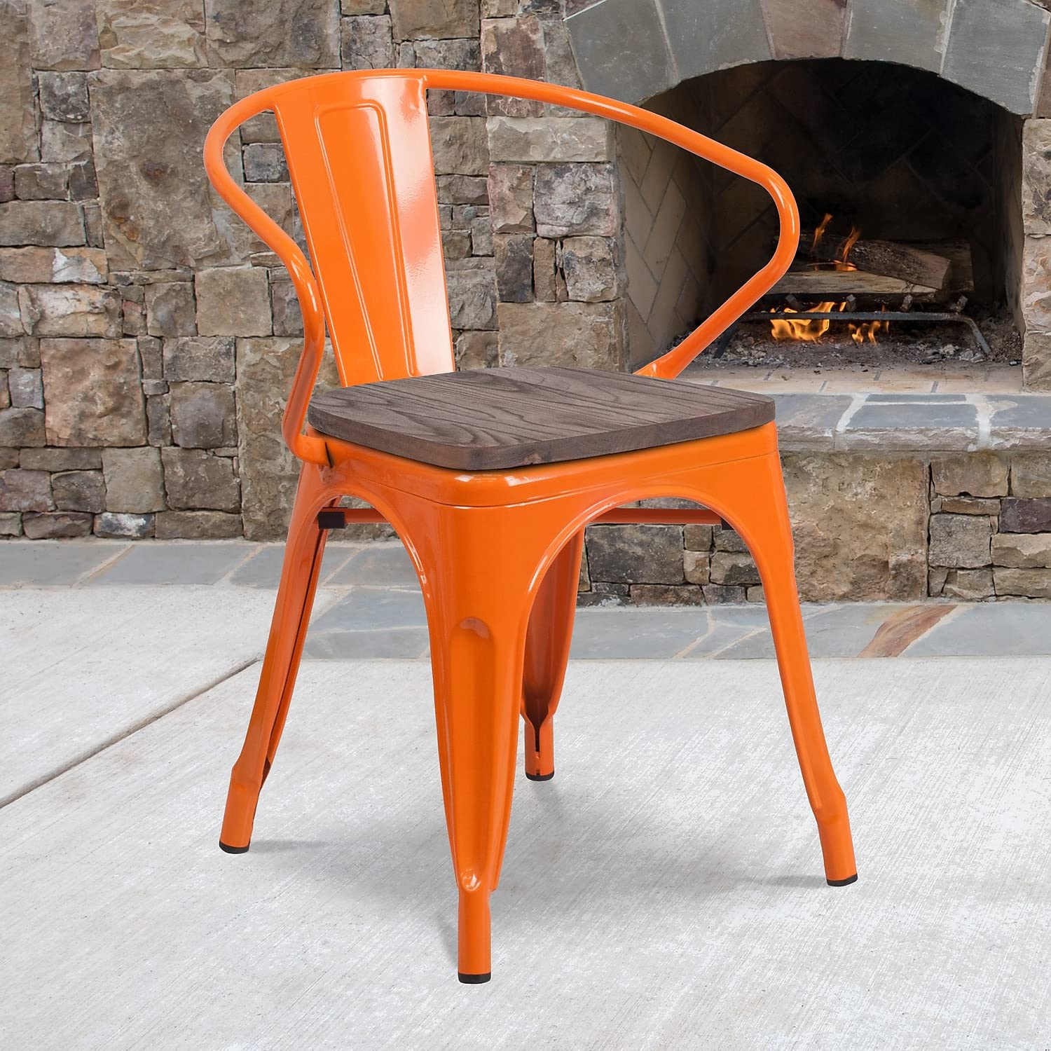 Flash Furniture Orange Metal Chair With Wood Seat And Arms